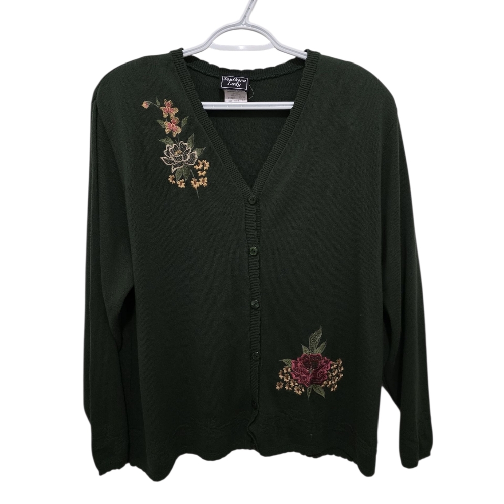 Southern Lady Dark Green Cardigan with Floral Embroidery